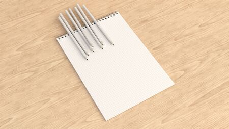 Checkered notebook with white pencils on wooden background. Spiral bound notebook mockup. 3D rendering illustration.の写真素材