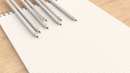 Checkered notebook with white pencils on wooden background. Spiral bound notebook mockup. 3D rendering illustration.の写真素材