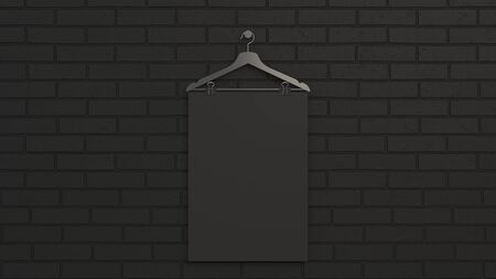 Blank black vertical poster on hanger with binder clips. Picture or photo mockup in the interior. 3D render illustrationの写真素材