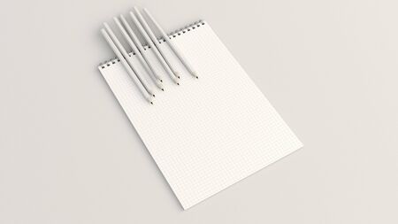 Checkered notebook with white pencils on white background. Spiral bound notebook mockup. 3D rendering illustration.の写真素材