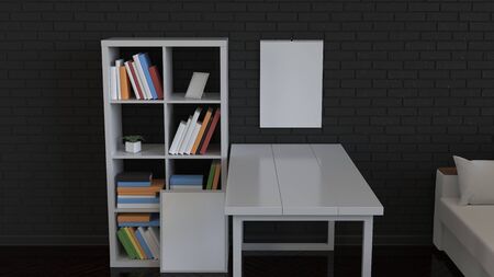 Mockup of wall calendar in the interior. Spiral calendar on brick wall painted in black. 3D rendering illustration.の写真素材