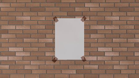 Blank white vertical poster taped to the brick wall. Picture or photo mockup in the interior. 3D render illustrationの写真素材