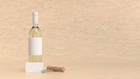 Wine or sommelier branding template. Mockup of bottle of white wine with business card and corkscrew on wooden background. 3D rendering illustration.の写真素材