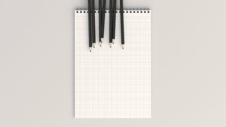 Checkered notebook with black pencils on white background. Spiral bound notebook mockup. 3D rendering illustration.の写真素材