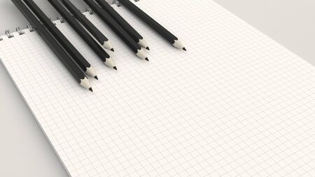Checkered notebook with black pencils on white background. Spiral bound notebook mockup. 3D rendering illustration.の写真素材