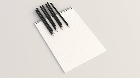 Checkered notebook with black pencils on white background. Spiral bound notebook mockup. 3D rendering illustration.の写真素材