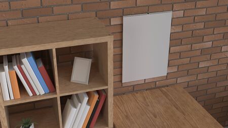 Mockup of wall calendar in the interior. Spiral calendar on brick wall. 3D rendering illustration.の写真素材