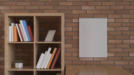 Mockup of wall calendar in the interior. Spiral calendar on brick wall. 3D rendering illustration.の写真素材