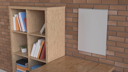 Mockup of wall calendar in the interior. Spiral calendar on brick wall. 3D rendering illustration.の写真素材