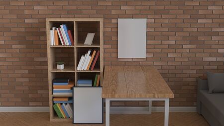 Mockup of wall calendar in the interior. Spiral calendar on brick wall. 3D rendering illustration.の写真素材