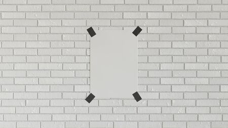 Blank white vertical poster taped to the white brick wall. Picture or photo mockup in the interior. 3D render illustrationの写真素材
