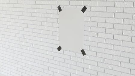 Blank white vertical poster taped to the white brick wall. Picture or photo mockup in the interior. 3D render illustrationの写真素材