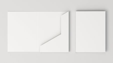 Mockup of blank white cardboard folder on the white background. Template for branding design. 3D rendering illustrationの写真素材
