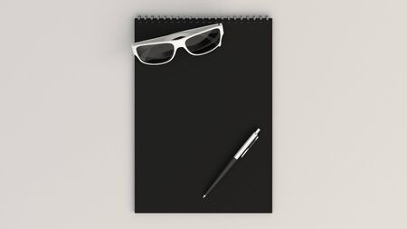 Blank black notebook with white sunglasses and automatic pen. Branding mockup. 3D rendering illustration.の写真素材