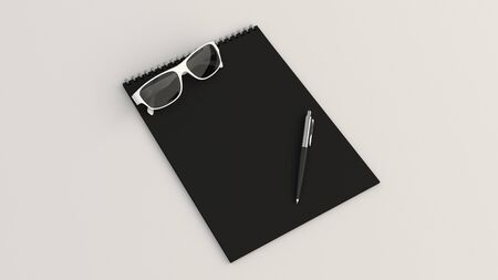 Blank black notebook with white sunglasses and automatic pen. Branding mockup. 3D rendering illustration.の写真素材