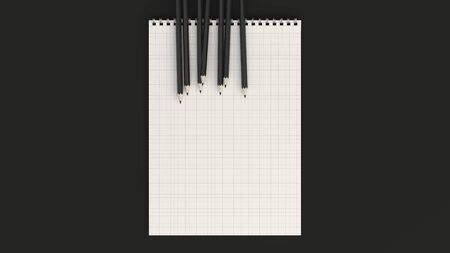 Checkered notebook with black pencils on black background. Spiral bound notebook mockup. 3D rendering illustration.の写真素材