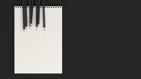 Checkered notebook with black pencils on black background. Spiral bound notebook mockup. 3D rendering illustration.の写真素材