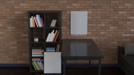 Mockup of wall calendar in the interior. Spiral calendar on brick wall. 3D rendering illustration.の写真素材