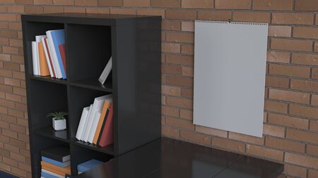Mockup of wall calendar in the interior. Spiral calendar on brick wall. 3D rendering illustration.の写真素材
