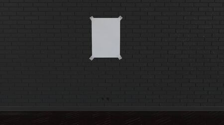 Blank white vertical poster taped to the black brick wall. Picture or photo mockup in the interior. 3D render illustrationの写真素材