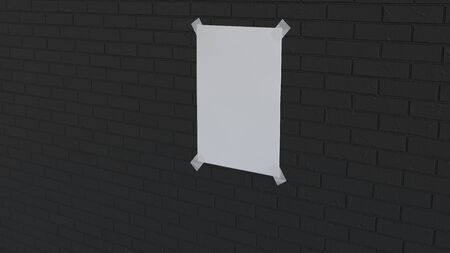 Blank white vertical poster taped to the black brick wall. Picture or photo mockup in the interior. 3D render illustrationの写真素材