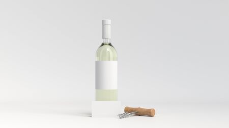 Wine or sommelier branding template. Mockup of bottle of white wine with business card and corkscrew on white background. 3D rendering illustration.の写真素材