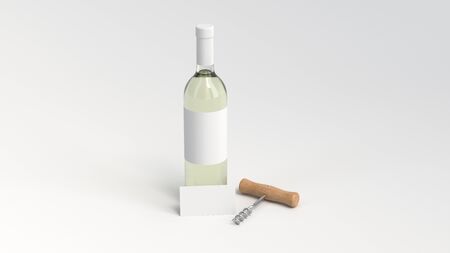 Wine or sommelier branding template. Mockup of bottle of white wine with business card and corkscrew on white background. 3D rendering illustration.の写真素材