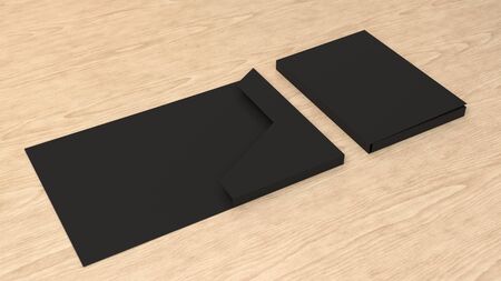 Mockup of blank black cardboard folder on the wooden background. Template for branding design. 3D rendering illustrationの写真素材
