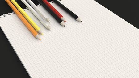 Checkered notebook with colorful pencils on black background. Spiral bound notebook mockup. 3D rendering illustration.の写真素材