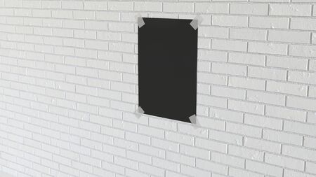 Blank black vertical poster taped to the white brick wall. Picture or photo mockup in the interior. 3D render illustrationの写真素材