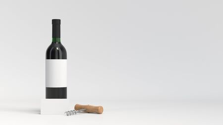 Wine or sommelier branding template. Mockup of bottle of red wine with business card and corkscrew on white background. 3D rendering illustration.の写真素材