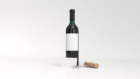Wine or sommelier branding template. Mockup of bottle of red wine with business card and corkscrew on white background. 3D rendering illustration.の写真素材