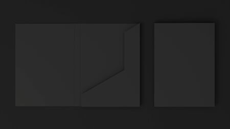 Mockup of blank black cardboard folder on the black background. Template for branding design. 3D rendering illustrationの写真素材