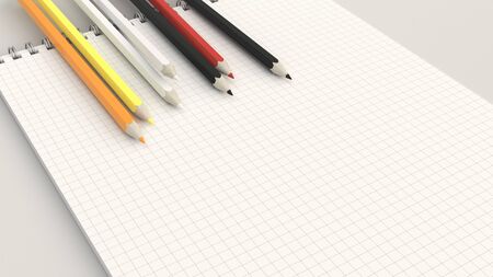 Checkered notebook with colorful pencils on white background. Spiral bound notebook mockup. 3D rendering illustration.の写真素材