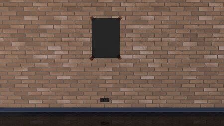 Blank black vertical poster taped to the brick wall. Picture or photo mockup in the interior. 3D render illustrationの写真素材