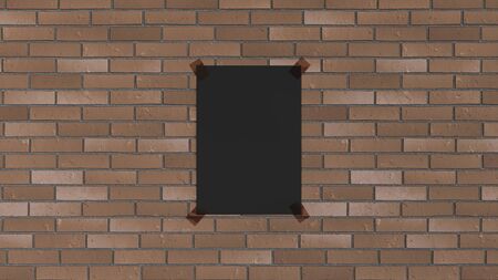 Blank black vertical poster taped to the brick wall. Picture or photo mockup in the interior. 3D render illustrationの写真素材