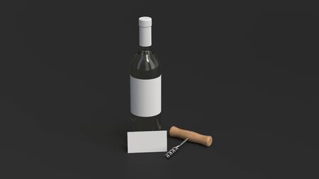 Wine or sommelier branding template. Mockup of bottle of white wine with business card and corkscrew on black background. 3D rendering illustration.の写真素材