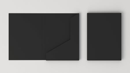 Mockup of blank black cardboard folder on the white background. Template for branding design. 3D rendering illustrationの写真素材