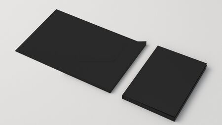 Mockup of blank black cardboard folder on the white background. Template for branding design. 3D rendering illustrationの写真素材
