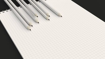 Checkered notebook with white pencils on black background. Spiral bound notebook mockup. 3D rendering illustration.の写真素材