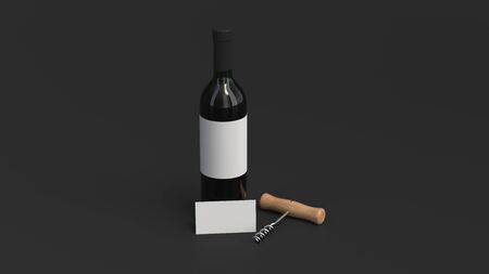 Wine or sommelier branding template. Mockup of bottle of red wine with business card and corkscrew on black background. 3D rendering illustration.の写真素材