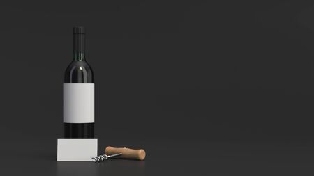 Wine or sommelier branding template. Mockup of bottle of red wine with business card and corkscrew on black background. 3D rendering illustration.の写真素材