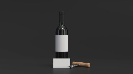 Wine or sommelier branding template. Mockup of bottle of red wine with business card and corkscrew on black background. 3D rendering illustration.の写真素材
