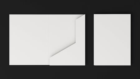 Mockup of blank white cardboard folder on the black background. Template for branding design. 3D rendering illustrationの写真素材