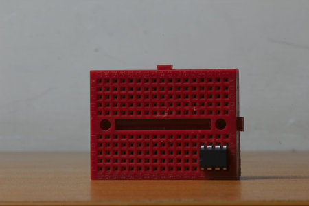 A horizontal red protoboard wit an ic mounted