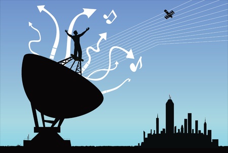 Man standing on top of a radio satellite with arms out stretchedのイラスト素材