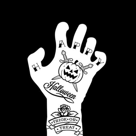 halloween hand with tattoo, pumpkin, roseのイラスト素材