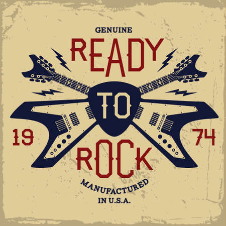 vintage label with ready to rock and guitar(T-Shirt Print)のイラスト素材