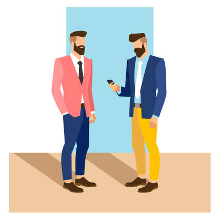flat cartoon hipster character, vector illustration two businessman with phoneのイラスト素材