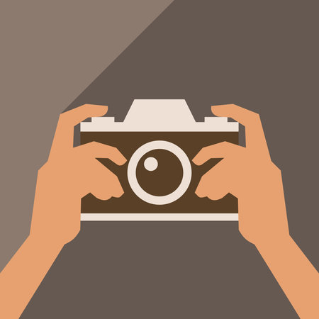 flat cartoon hipster icon photo camera with hand, vector illustration